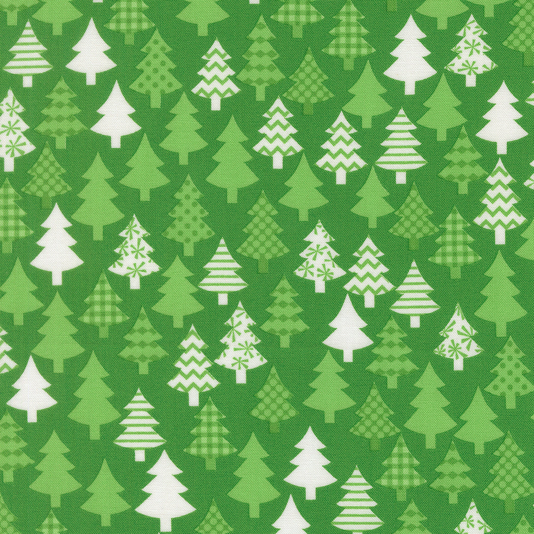 Pattern of green and white Christmas trees on a green background