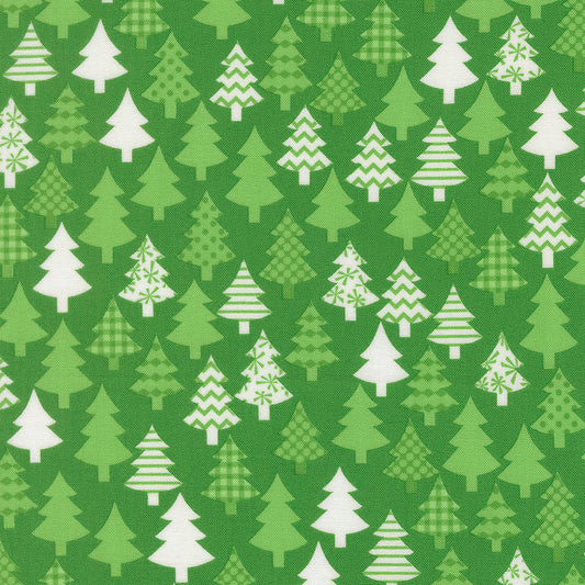 Pattern of green and white Christmas trees on a green background