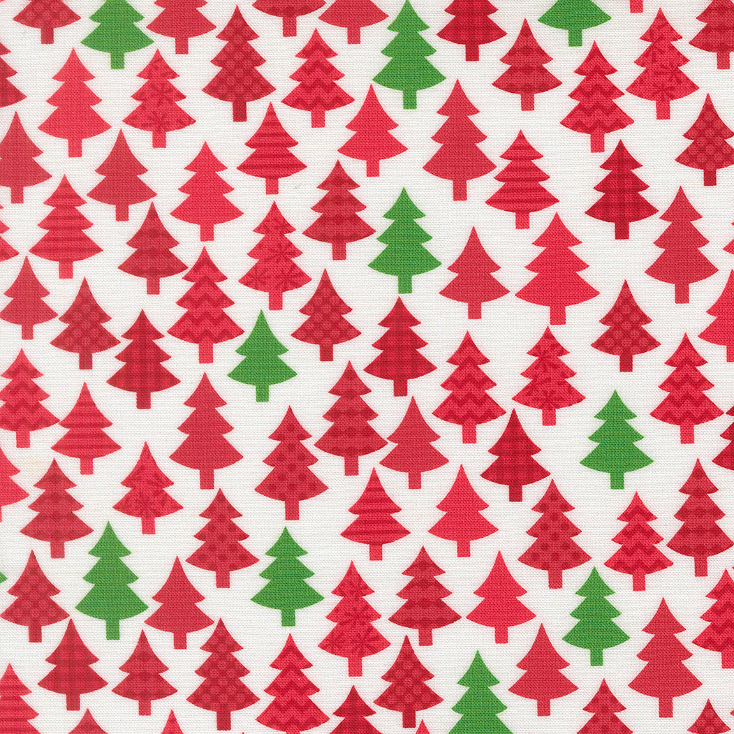 Pattern of red and green Christmas trees on a white background