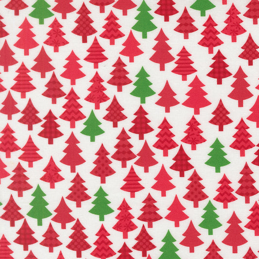 Pattern of red and green Christmas trees on a white background