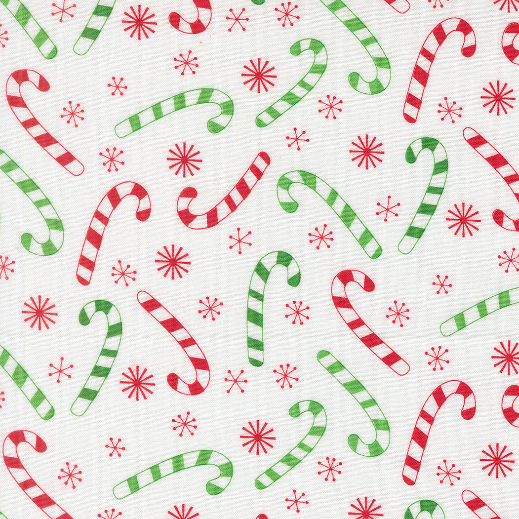 Pattern of red and green candy canes with red snowflakes on a white background