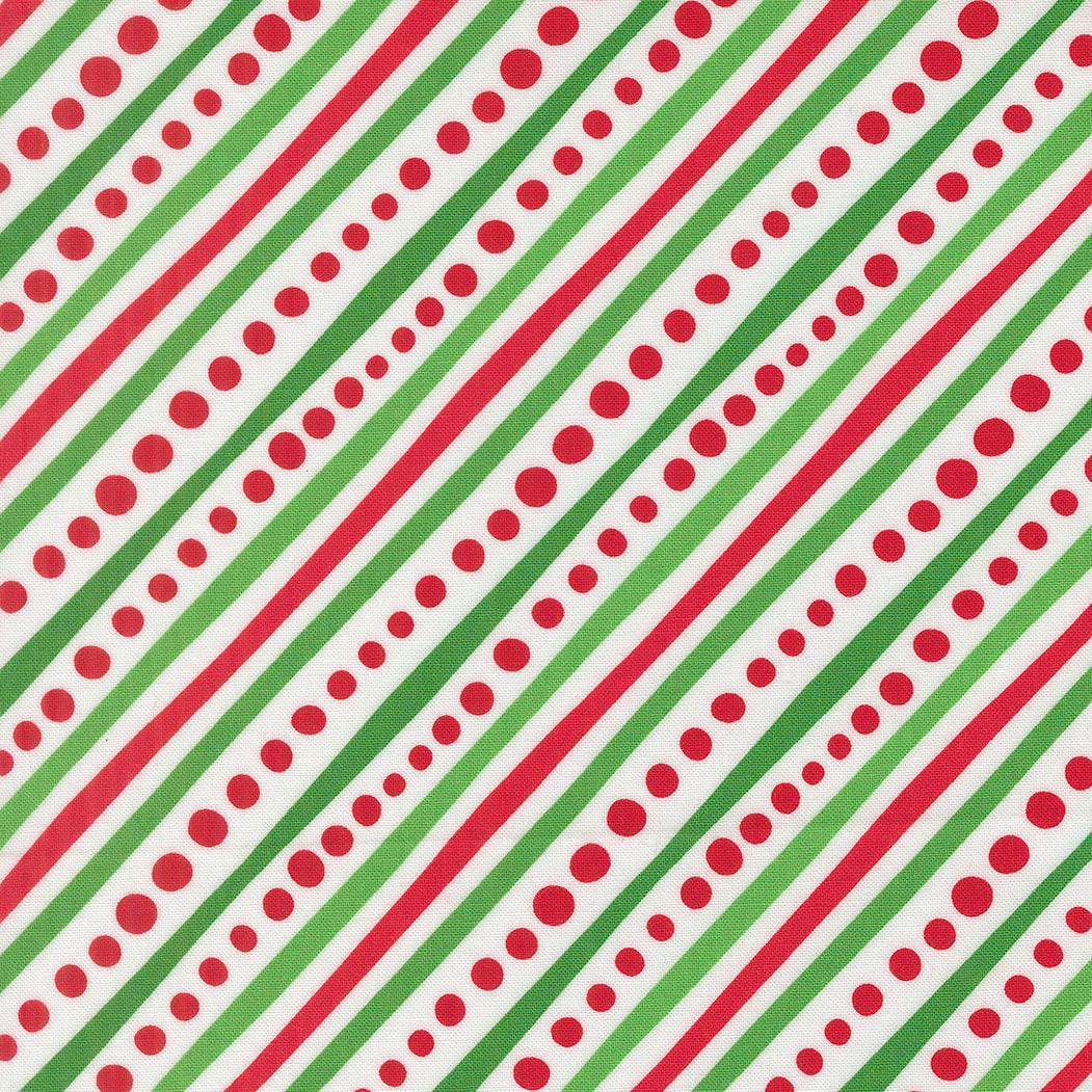 Pattern of red, green, and white stripes with polka dots on a diagonal