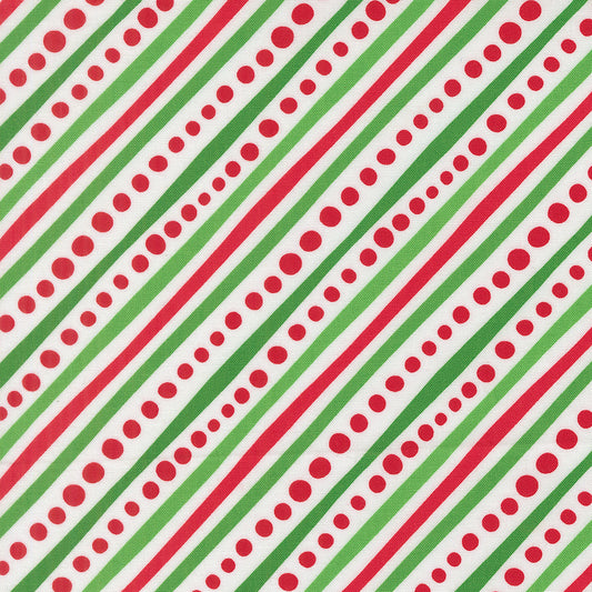 Pattern of red, green, and white stripes with polka dots on a diagonal