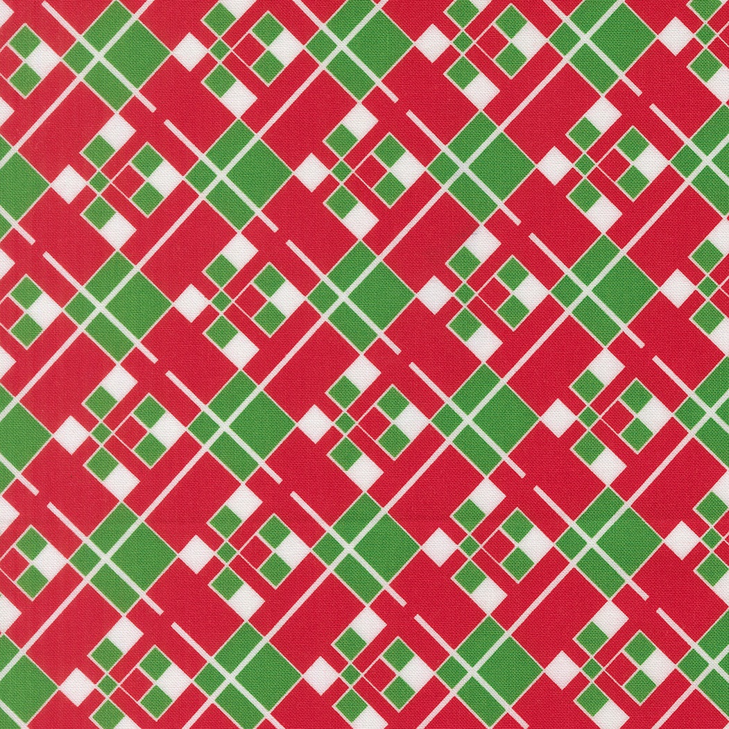 Red fabric with green and white geometric pattern