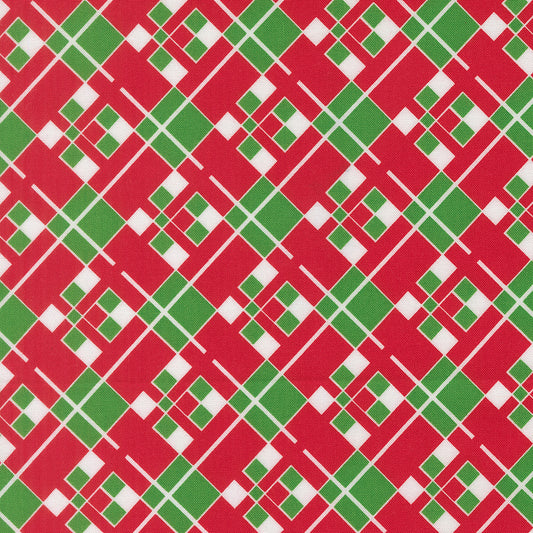 Red fabric with green and white geometric pattern