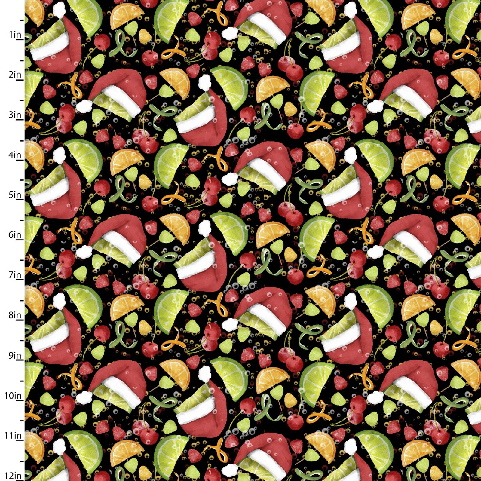 A repeating festive pattern on a black background featuring red Santa hats, green lime wedges, orange slices, cherries, and small green and orange ornaments, with vertical measurement markings along the left edge.