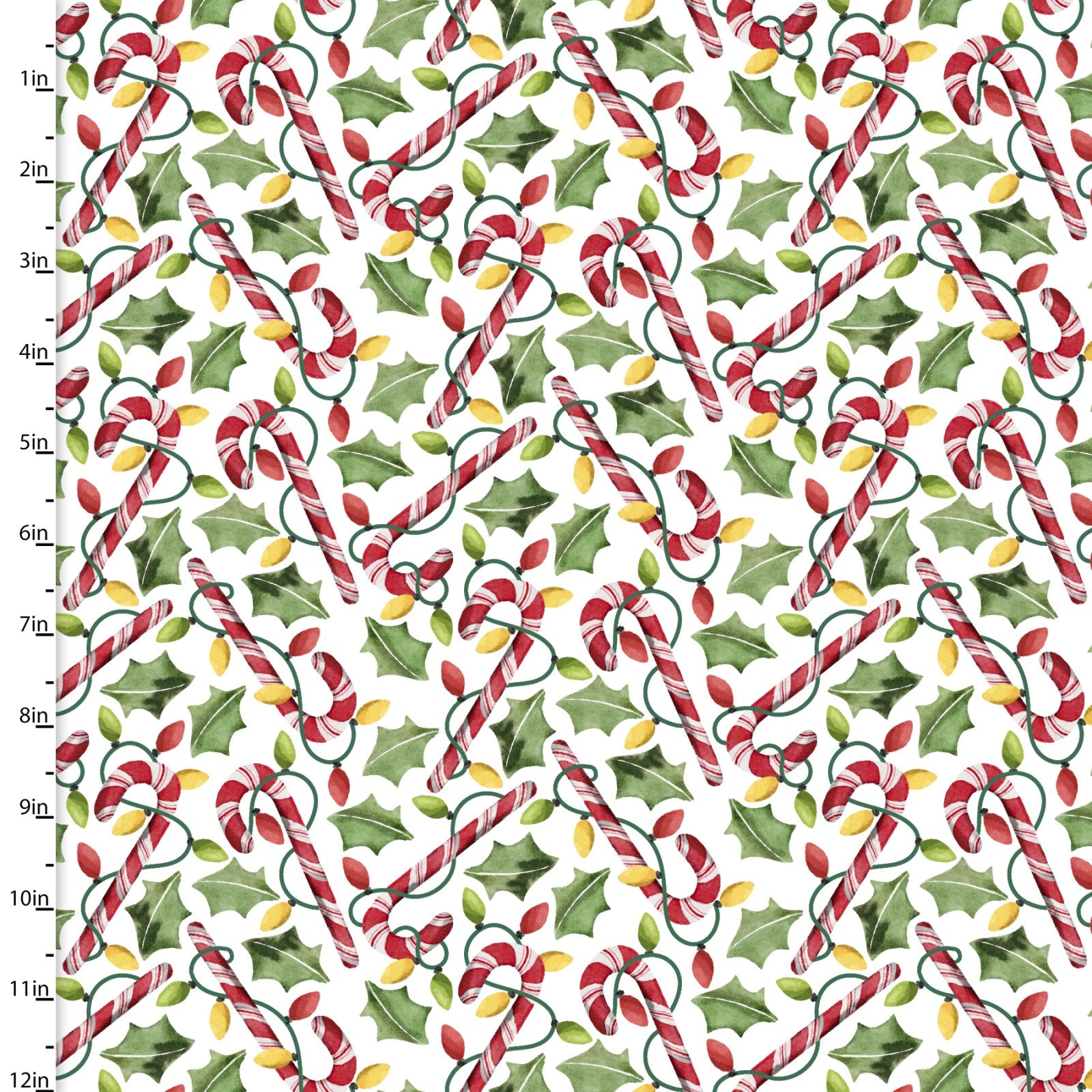 A repeating Christmas pattern on a white background featuring red-and-white striped candy canes, green holly leaves, and small yellow lights. 