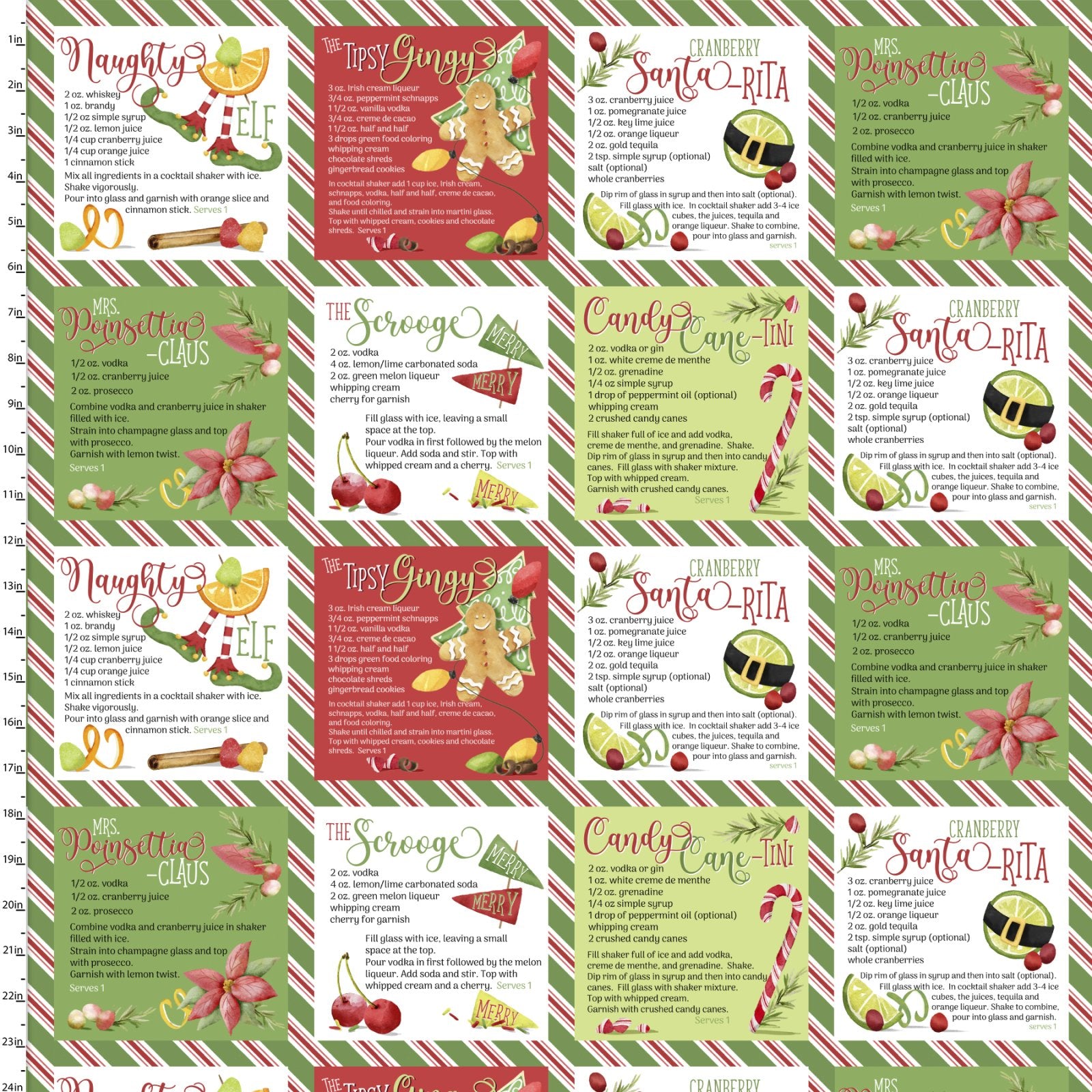 A repeating holiday-themed recipe card pattern featuring Christmas recipes like 'Naughty Elf', 'The Scrooge', 'Candy Cane Club', and 'Framed Santa Rita' on green, red, and white panels with illustrations of gingerbread, cherries, candy canes, and pinecones.