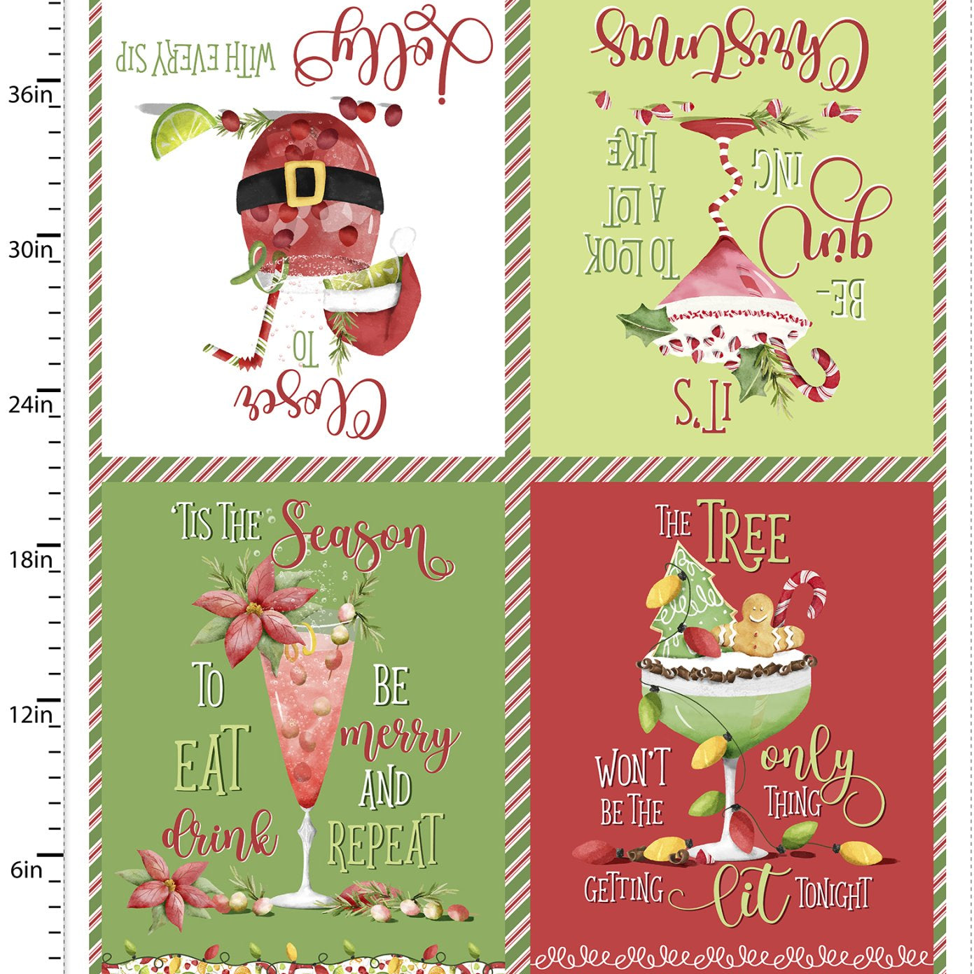A four-panel Christmas-themed fabric or wallpaper design with holiday quotes and illustrations: Santa in a top-left panel, a decorated tree in a top-right panel, a pink drink with pinecones in a bottom-left panel, and a green drink with ornaments in a bottom-right panel. 