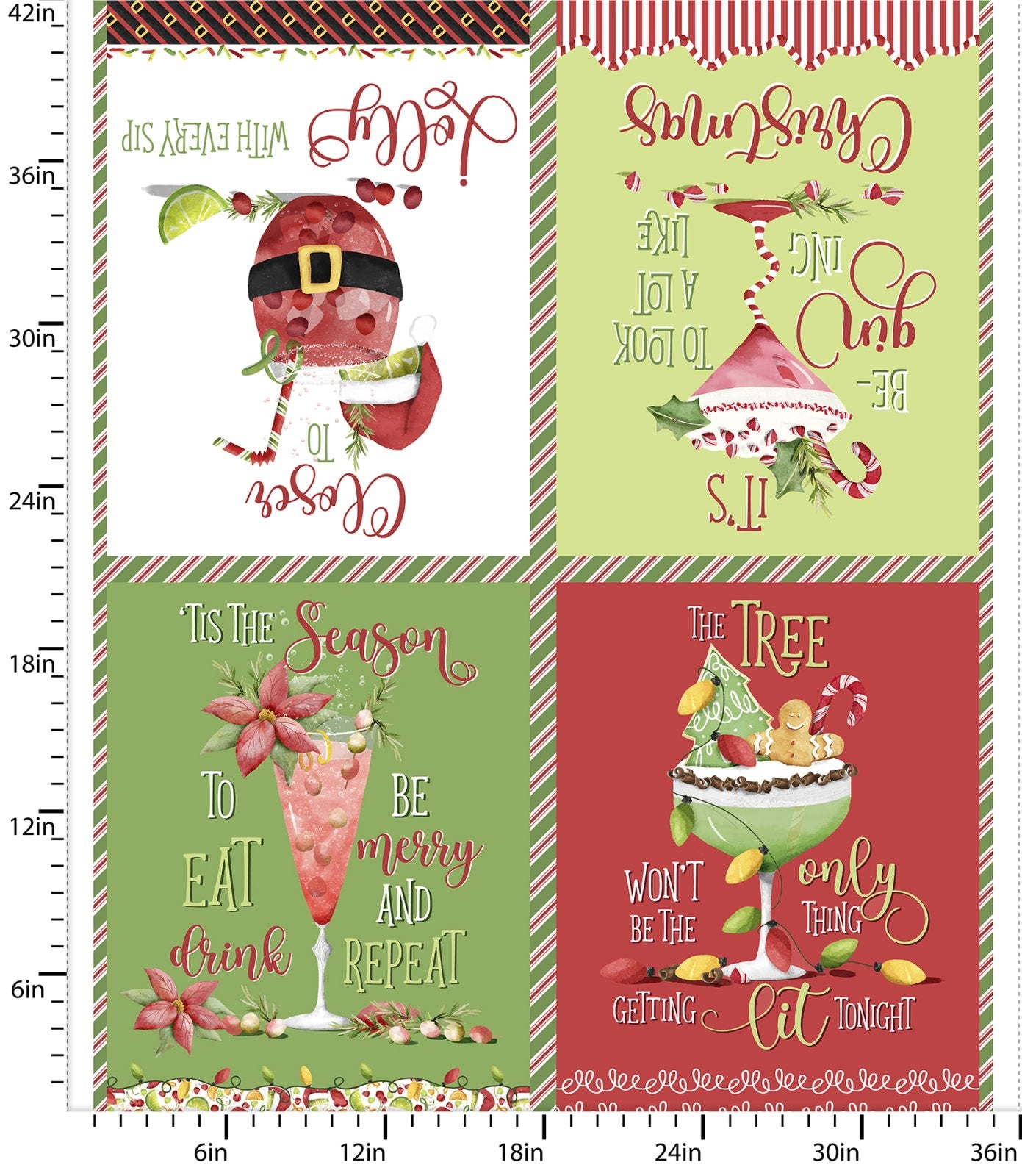 A four-panel Christmas-themed fabric or wallpaper design with holiday quotes and illustrations: Santa in a top-left panel, a decorated tree in a top-right panel, a pink drink with pinecones in a bottom-left panel, and a green drink with ornaments in a bottom-right panel. 