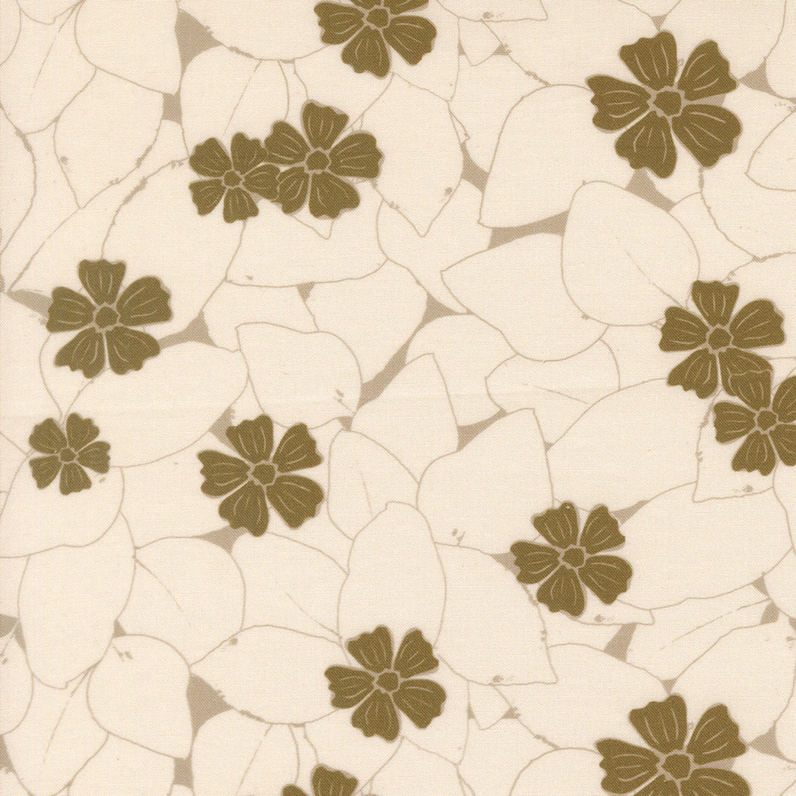A repeating floral pattern featuring olive green five-petal flowers over a warm cream background with faint gray leaf outlines.
