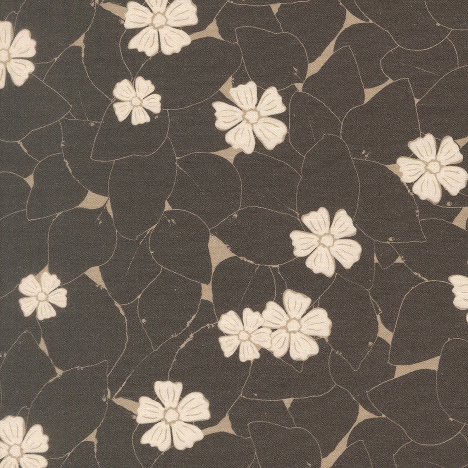 A close-up of a repeating floral pattern featuring cream-colored flowers and dark brown leaves outlined in light tan, set against a dark brown background.
