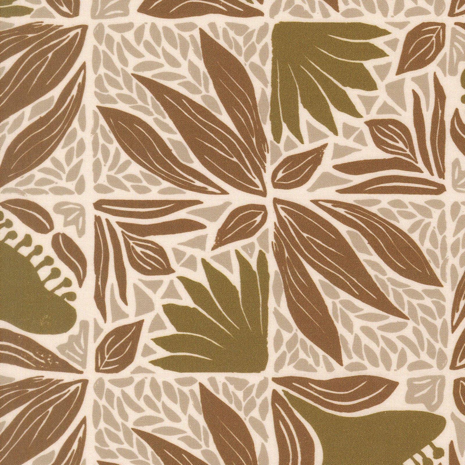 A repeating botanical pattern featuring large brown leaves and olive green tropical motifs on a warm cream background.