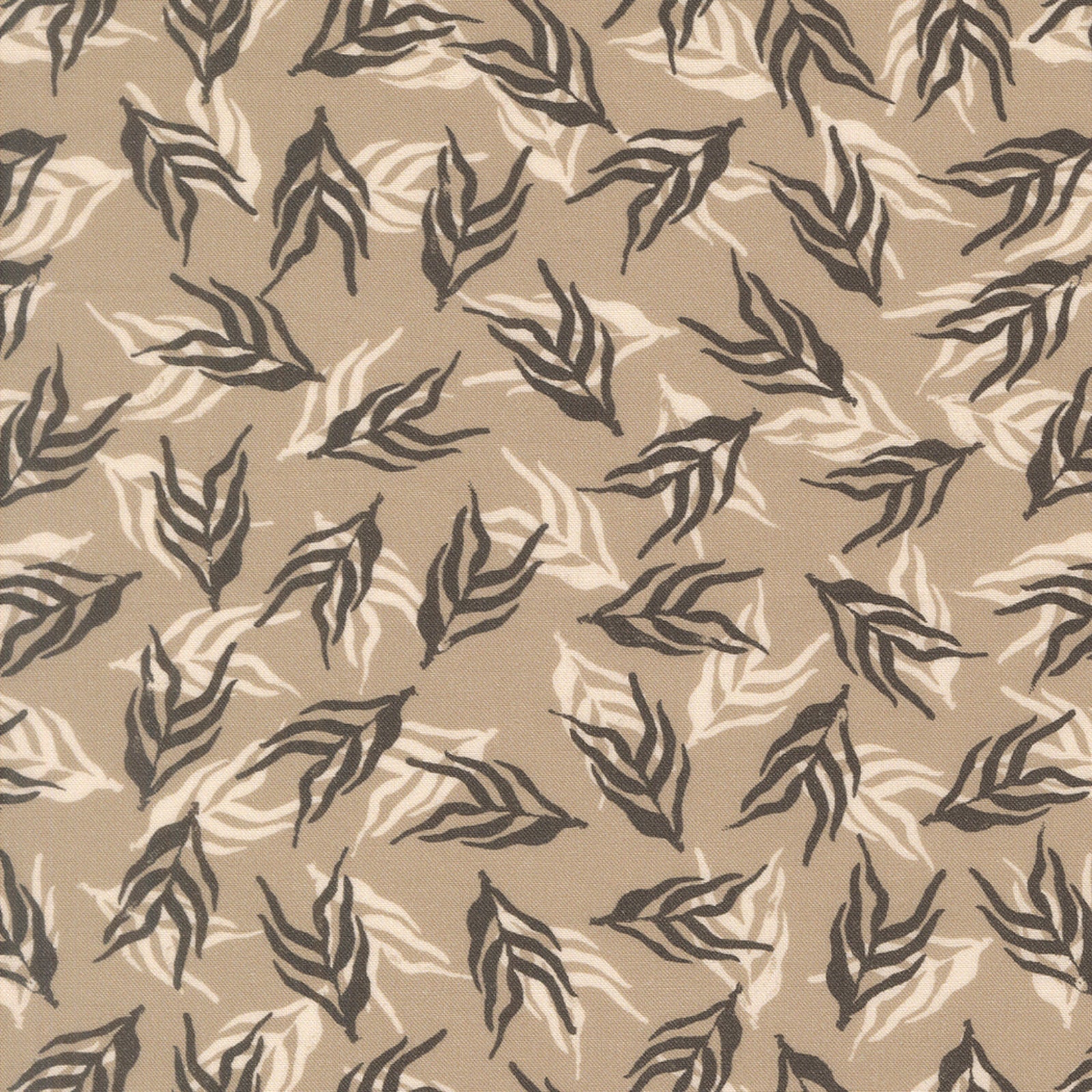 A repeating pattern of stylized leaf motifs in dark charcoal and light cream on a warm beige background.
