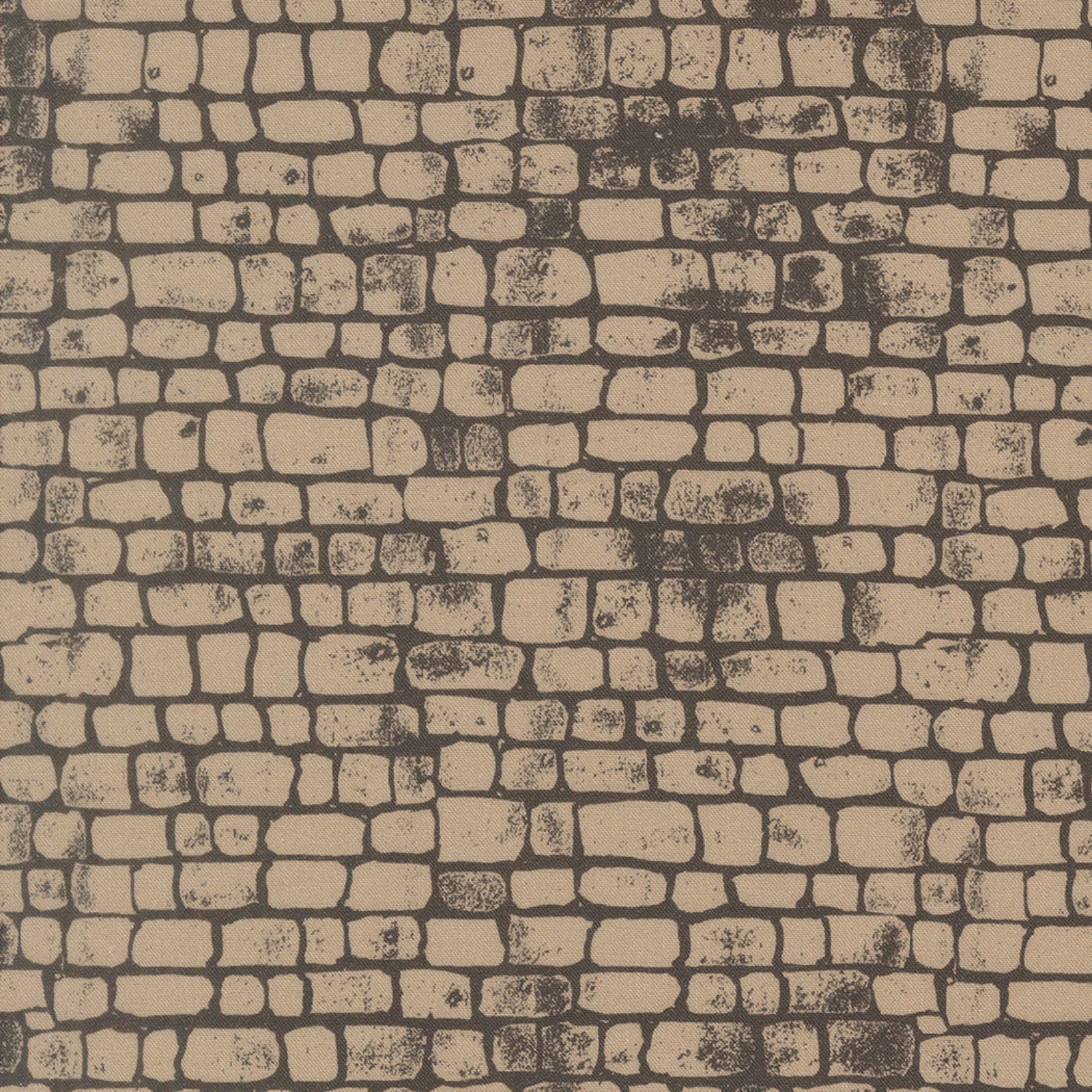 A repeating pattern of beige stone bricks with dark gray mortar lines, resembling a textured brick wall print or wallpaper.