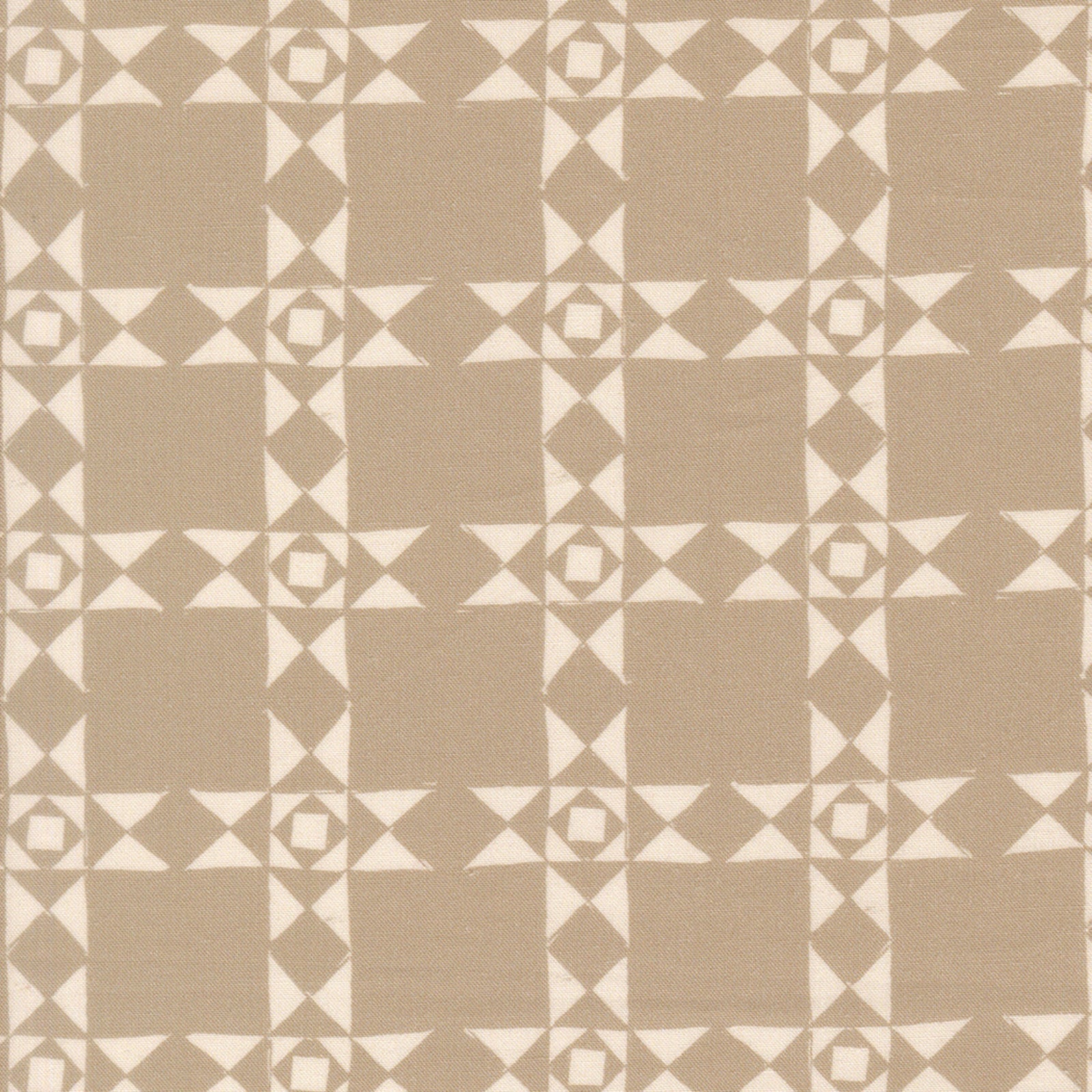 A close-up of a fabric pattern featuring a geometric grid design in warm beige and cream.