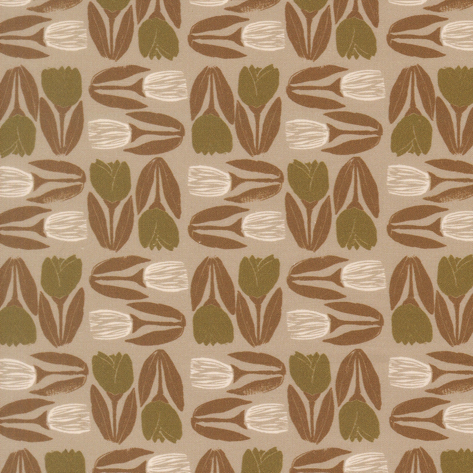 A repeating mid-century modern floral pattern featuring stylized tulips in brown, olive green, and cream on a warm beige background.