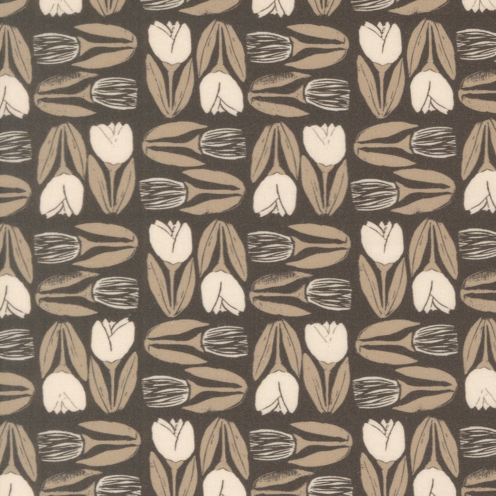 A repeating floral pattern featuring stylized tulips in cream and taupe on a dark brown background.