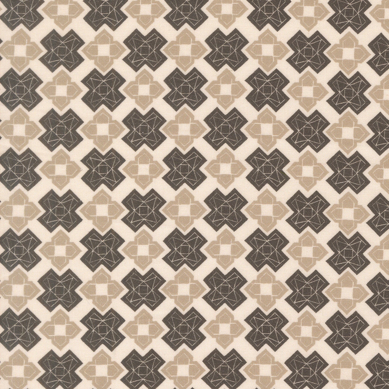 A repeating geometric pattern featuring dark brown and beige starburst motifs arranged in a diamond grid on a cream background.