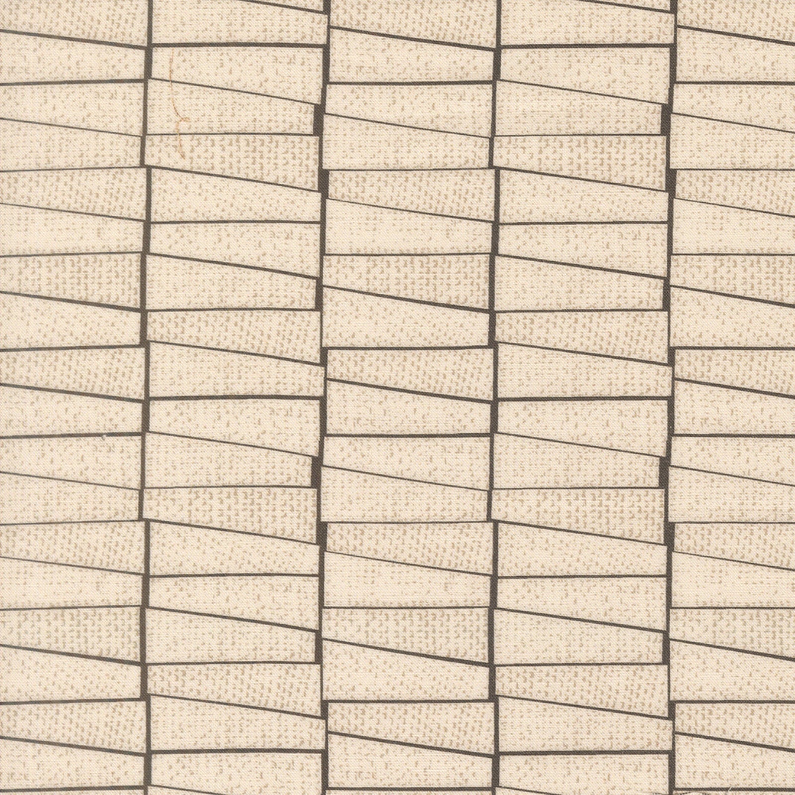 Beige textured wallpaper or fabric featuring a repeating geometric pattern of staggered rectangular panels separated by dark gray vertical and diagonal lines.