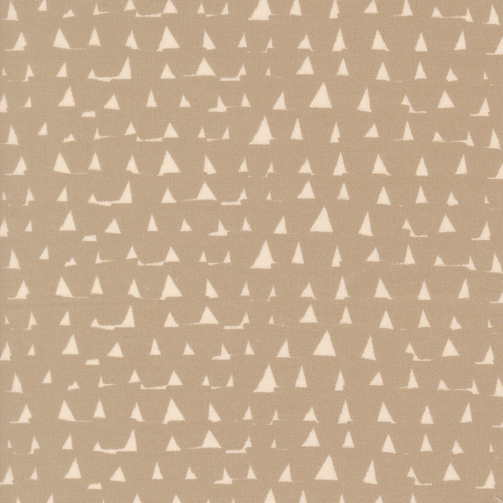 A close-up of a fabric or wallpaper pattern featuring a repeating design of small hand-drawn white triangles on a warm beige background.