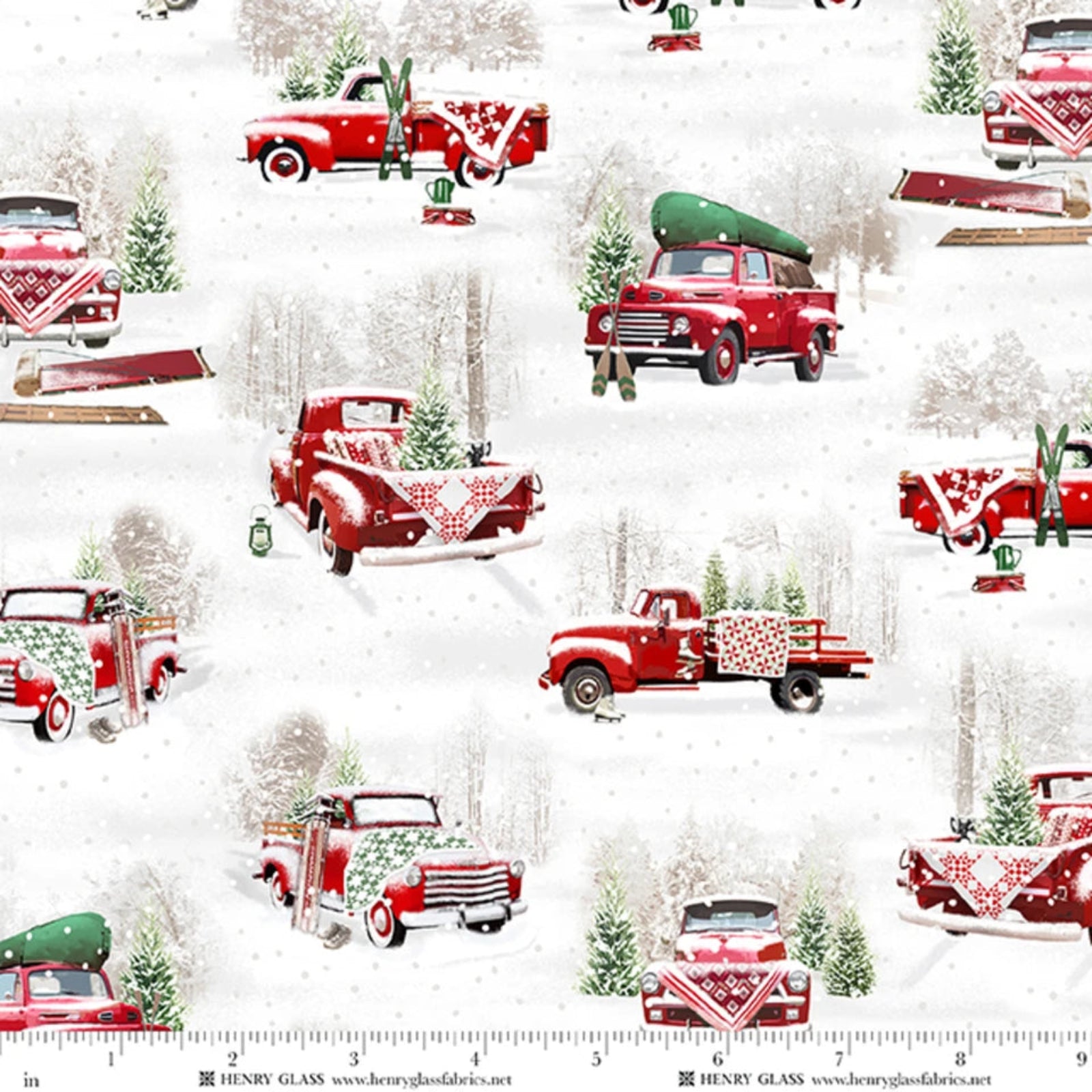 Pattern of red trucks with Christmas decorations on a white background