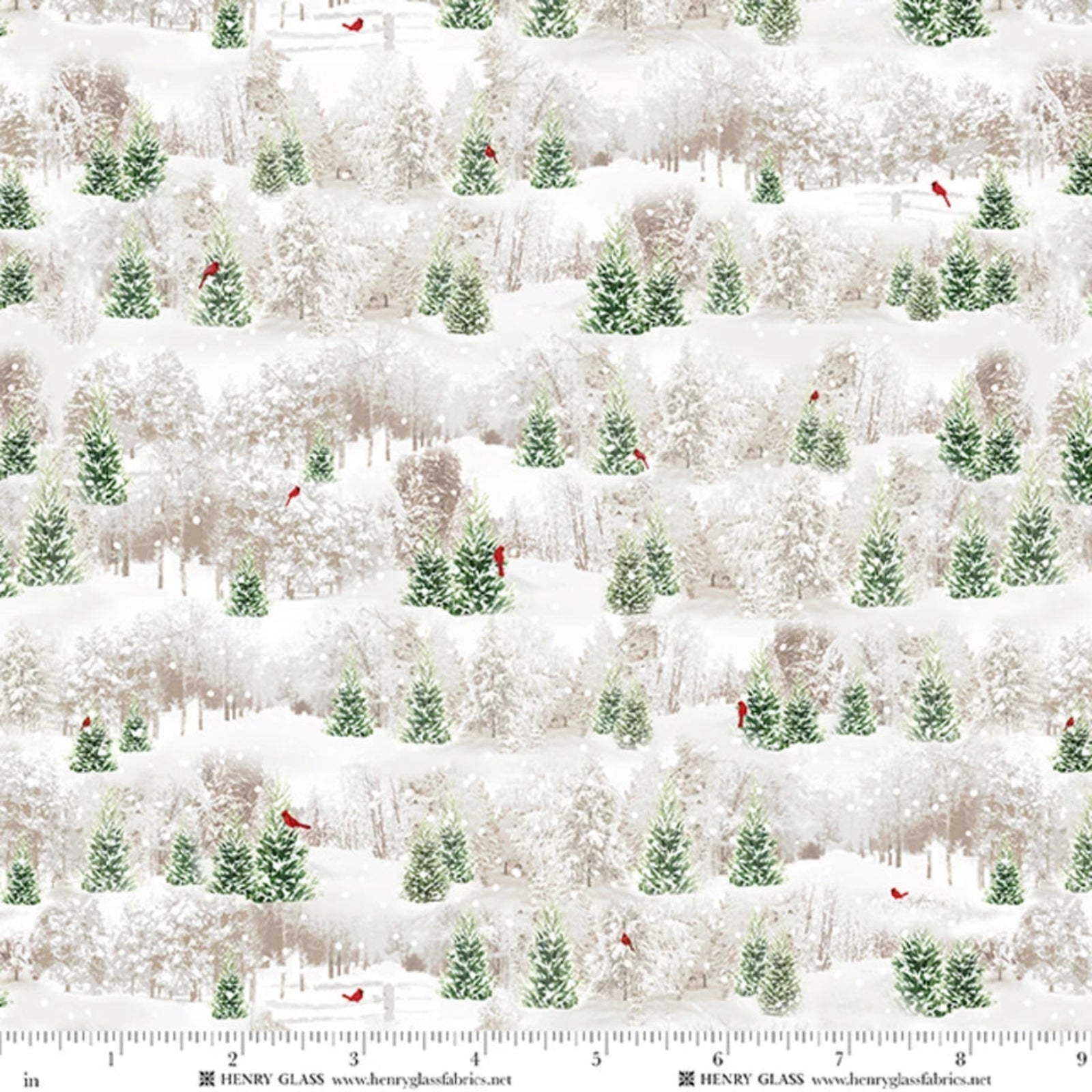 Fabric pattern with snowy landscape, trees, and birds, branded 'Henry Glass'.