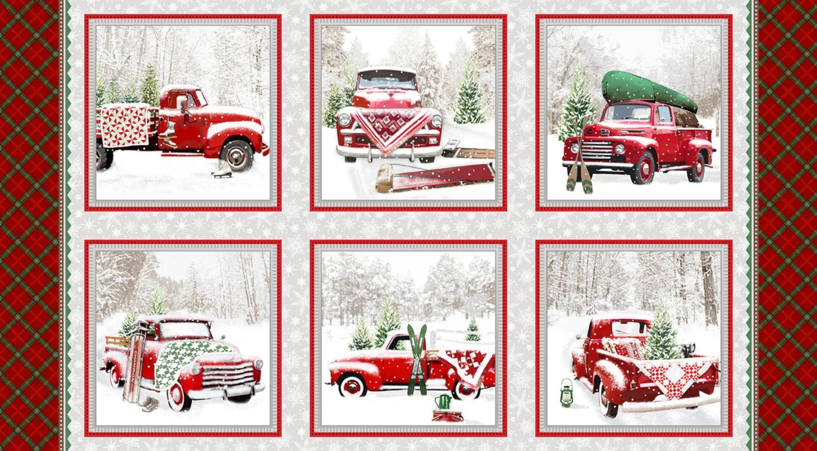 A festive holiday-themed fabric or wallpaper pattern featuring six vintage red pickup trucks in snowy winter scenes, framed in red borders, with a red and green plaid patterned border on the sides.