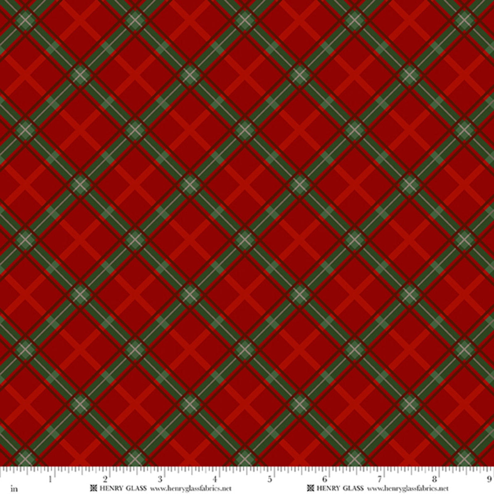 Red and green tartan plaid fabric pattern with a white ruler scale at the bottom showing measurements in inches. The brand name 'HENRY GLASS' is visible on the ruler.