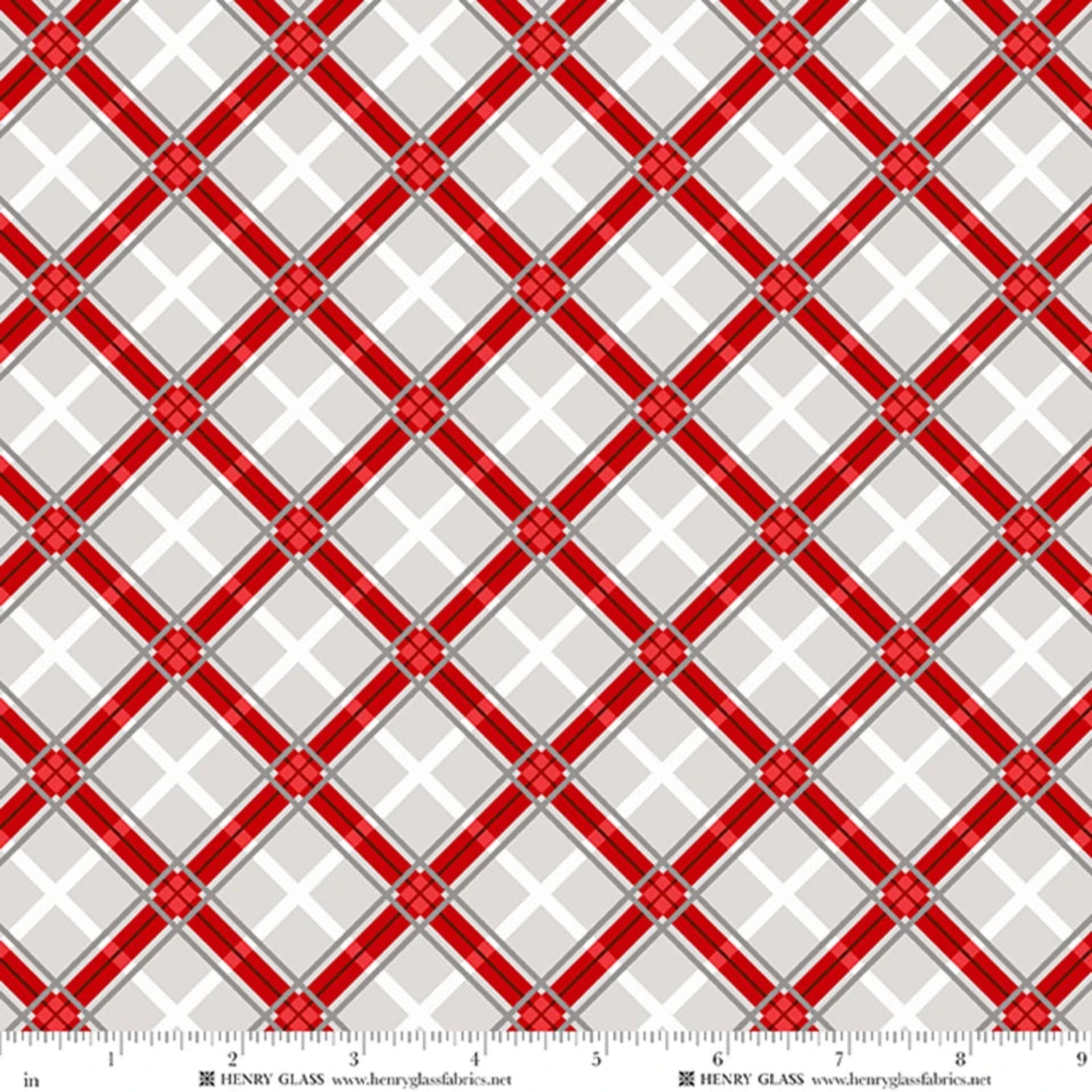 Red and gray tartan plaid fabric with a repeating diamond lattice pattern on a white background, shown with a ruler at the bottom indicating scale.
