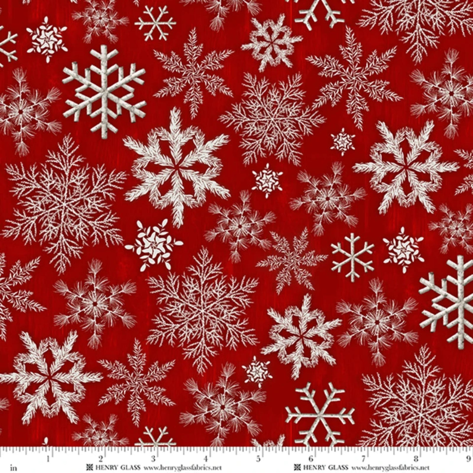 White snowflakes on a red background with Henry Glass label