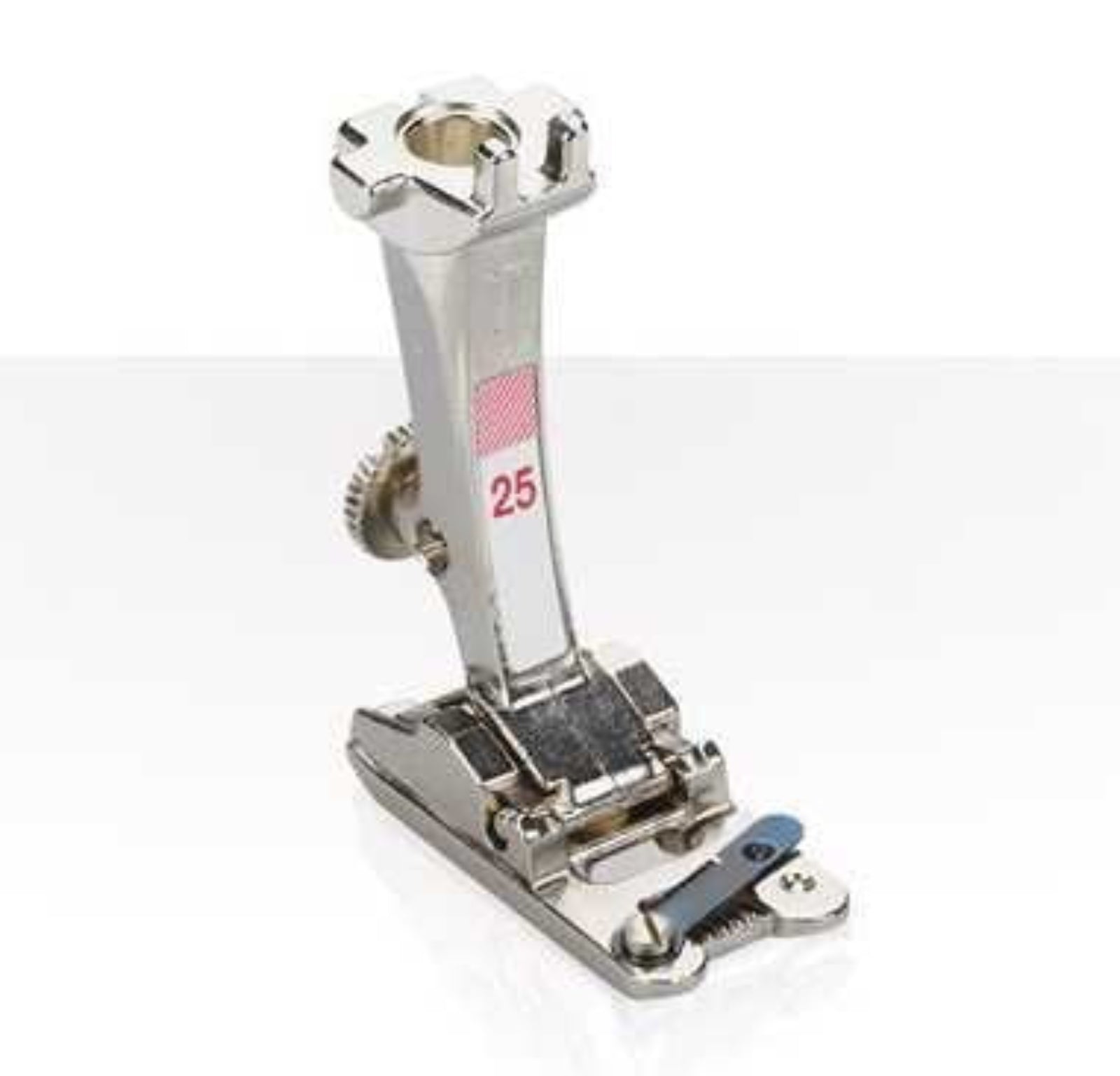 Metal sewing machine foot with a clear background