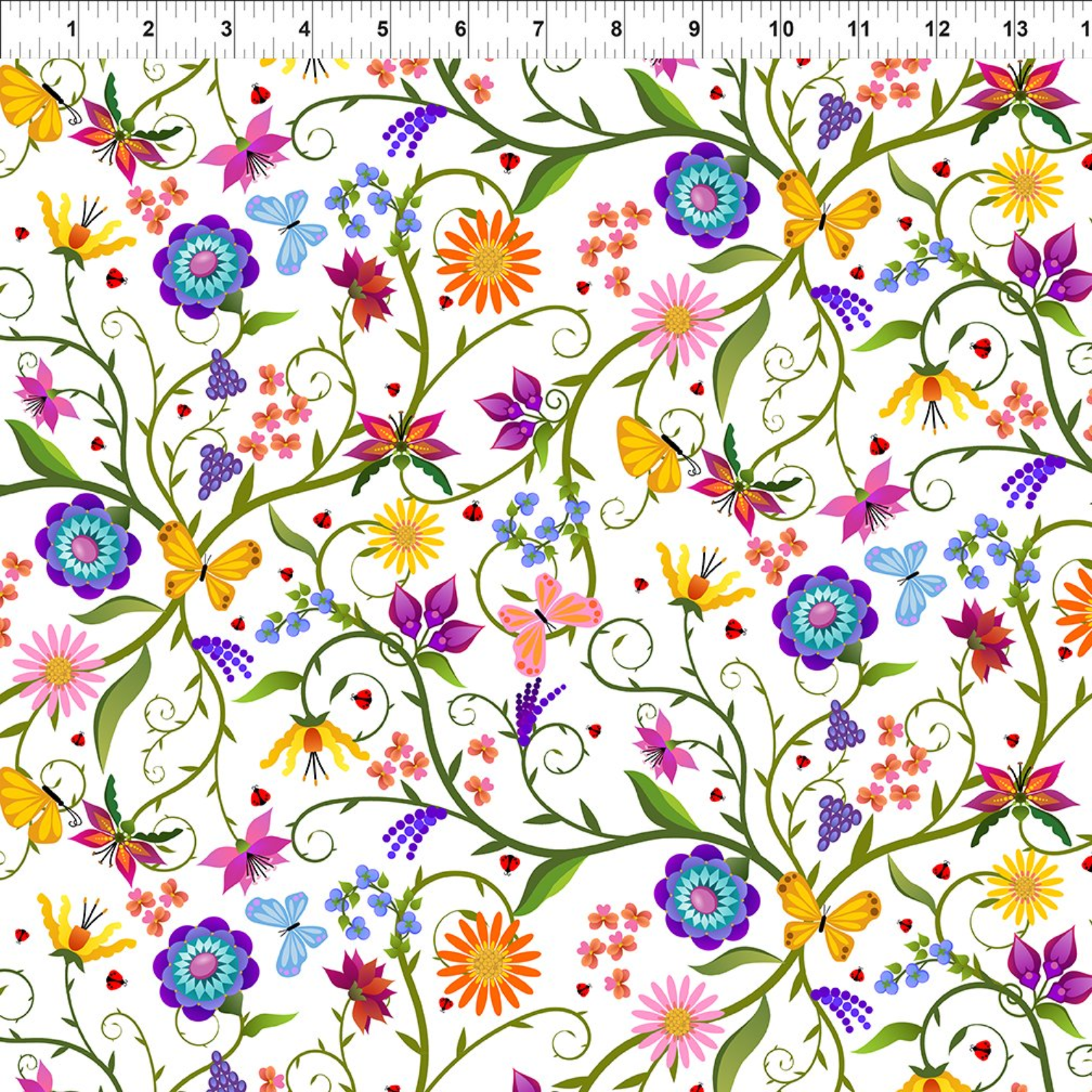 A repeating floral and butterfly pattern on a white background with a ruler at the top showing measurements in inches, likely indicating fabric yardage or print scale.
