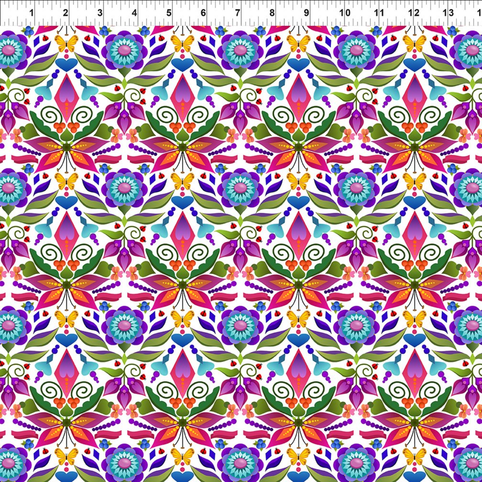 A repeating folk-art floral pattern on a white background, featuring bright purple, pink, green, orange, and blue motifs. A measuring ruler is visible along the top edge, indicating scale.