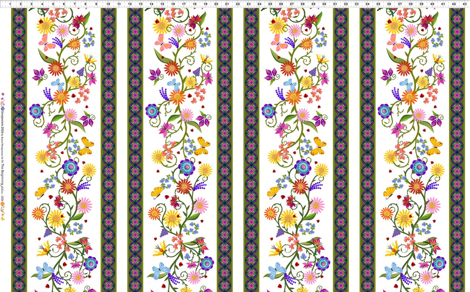 A repeating horizontal floral pattern with colorful flowers and butterflies on white panels, bordered by dark patterned stripes, shown as a fabric or print design.