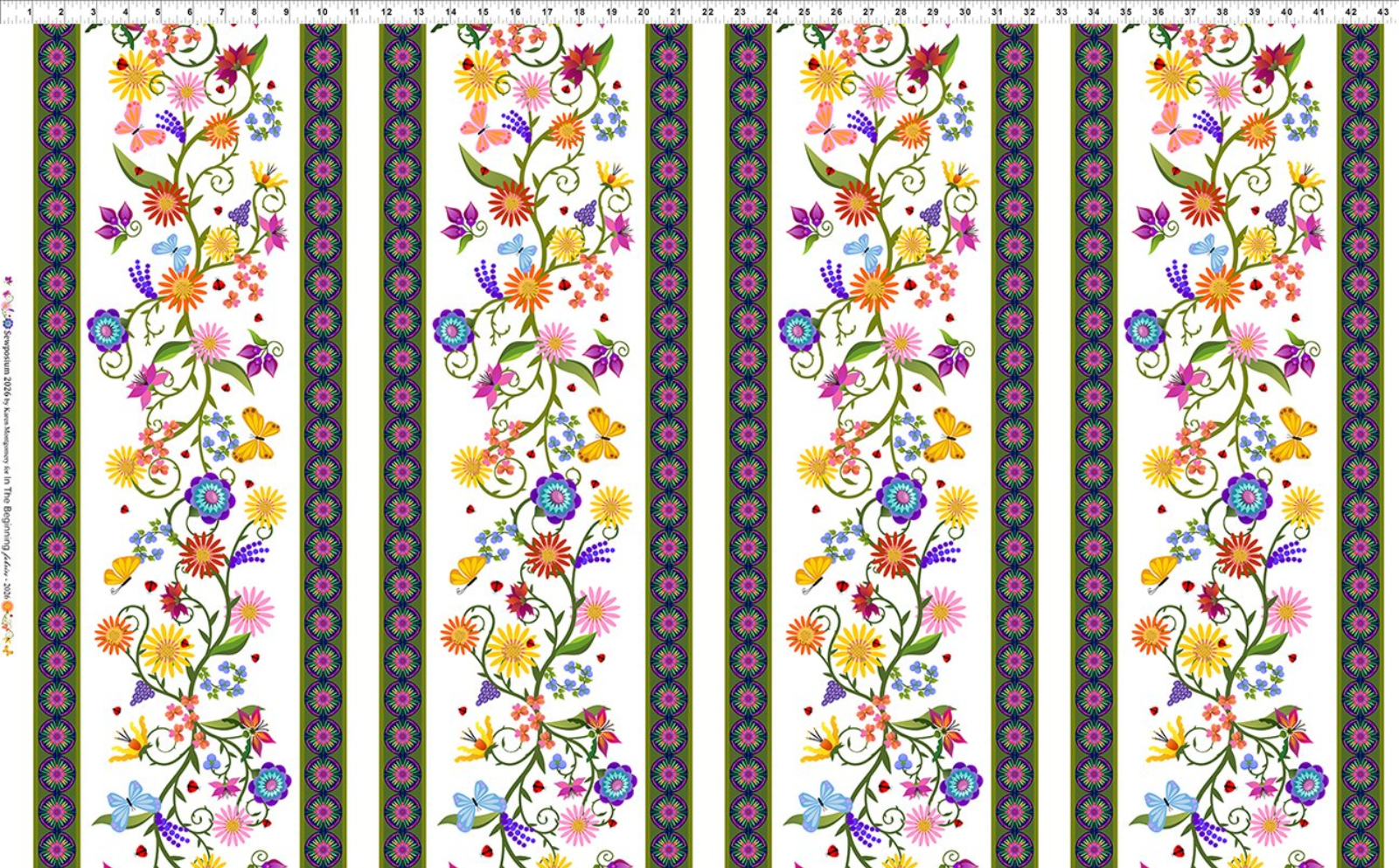A repeating horizontal floral pattern with colorful flowers and butterflies on white panels, bordered by dark patterned stripes, shown as a fabric or print design.