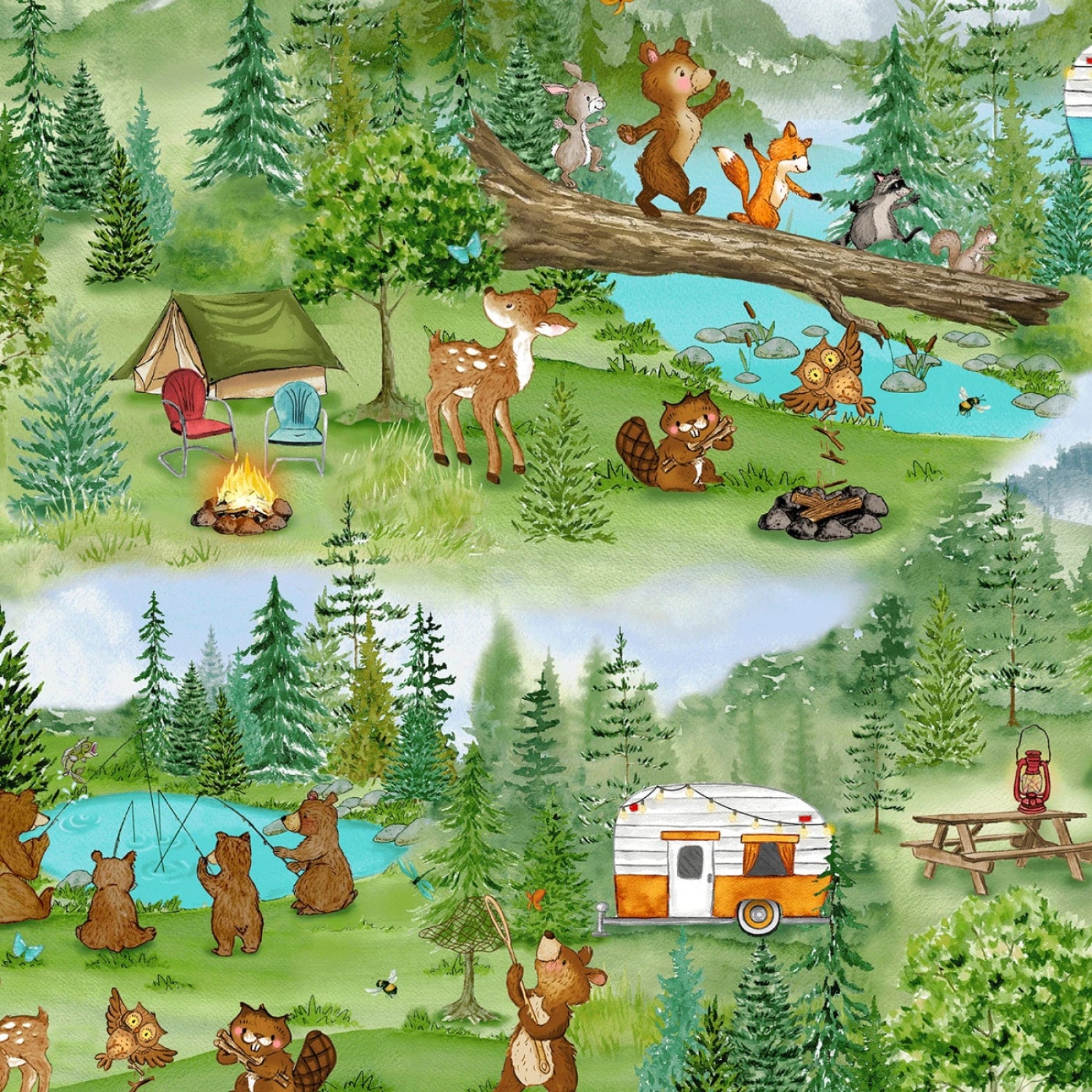 A whimsical illustrated forest scene with woodland animals gathered around a campfire, trees, a pond, a tent, a camper trailer, and picnic tables. This appears to be the artwork itself rather than a photo of a physical product in a room, so the best fit is Scenery.