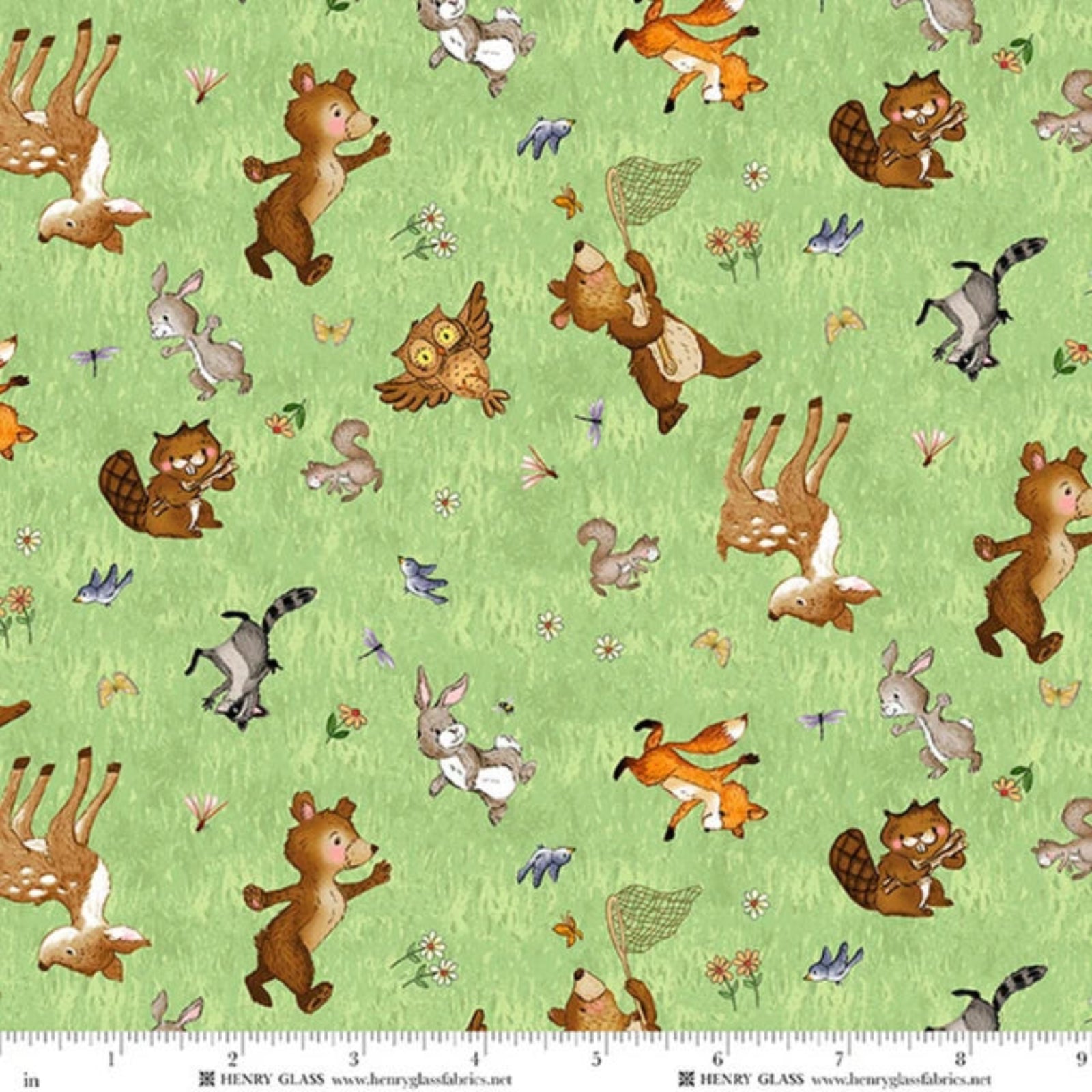 Pattern of cartoon forest animals on a green background