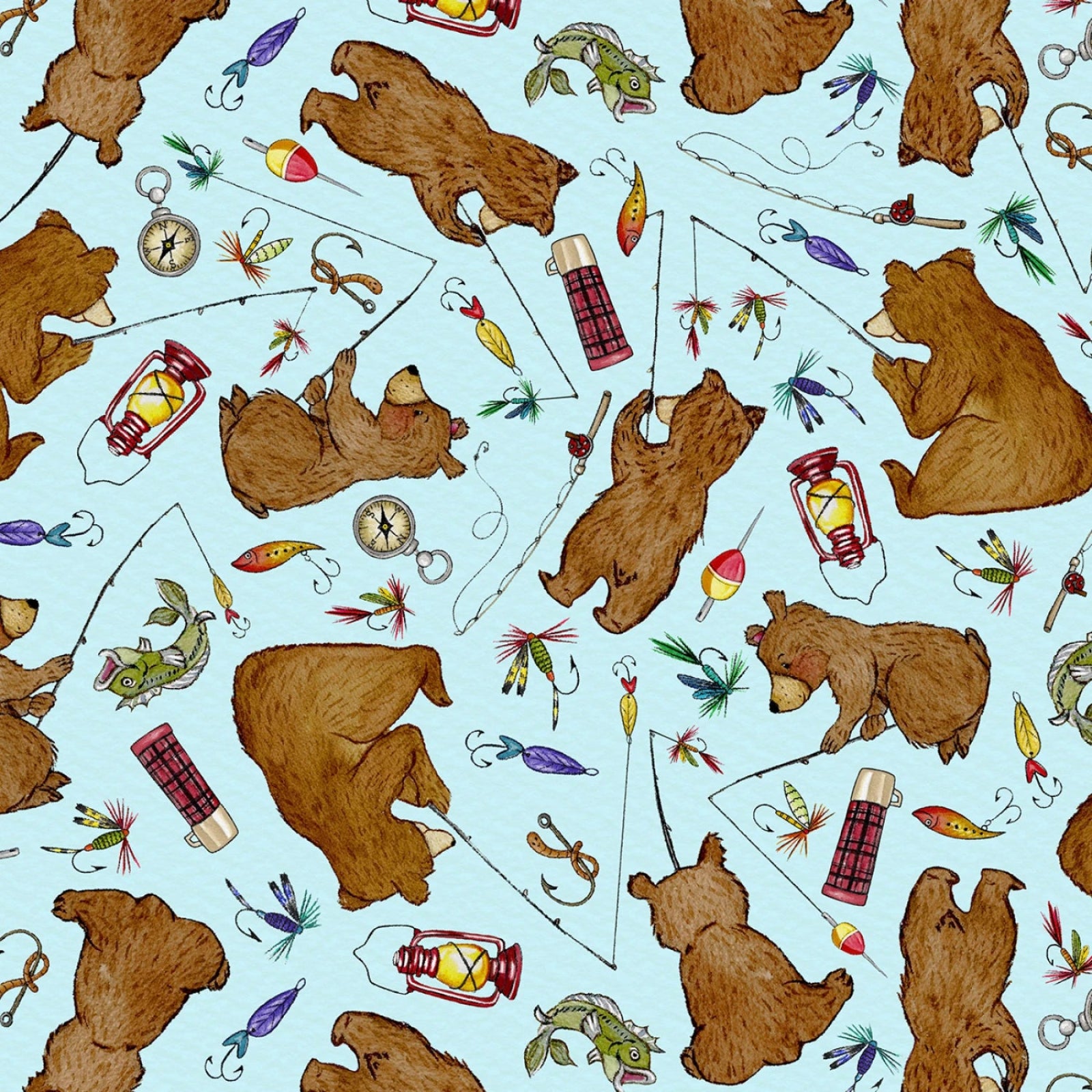 A repeating illustrated pattern on a light blue background featuring brown bears, fishing rods, hooks, lures, compasses, and lanterns in warm earthy tones.