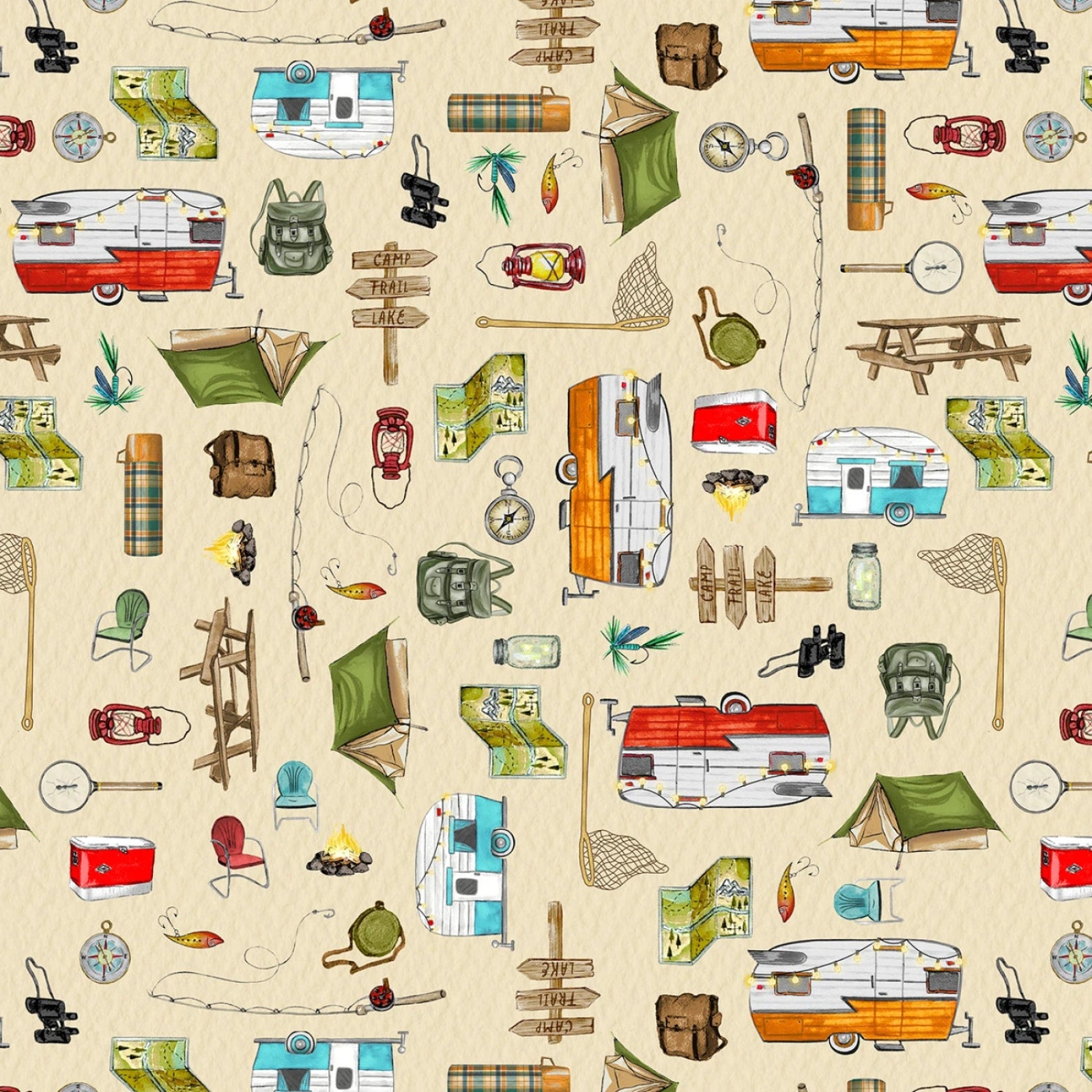 A repeating illustrated pattern of vintage campers, tents, picnic tables, fishing rods, compasses, lanterns, chairs, and other summer camp and camping-themed objects on a warm beige background.
