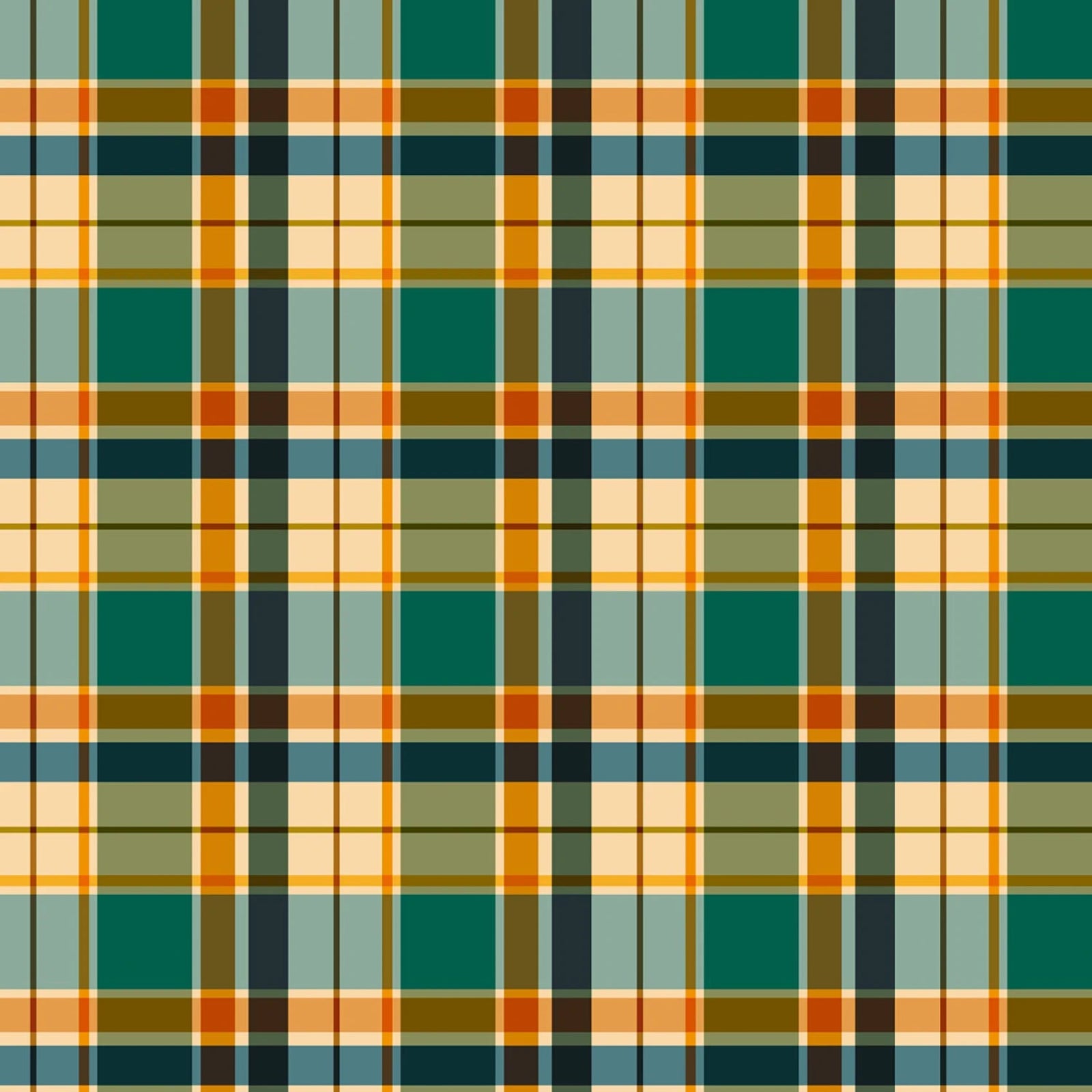 A classic plaid pattern featuring intersecting vertical and horizontal stripes in dark green, mustard yellow, light green, brown, and dark forest.