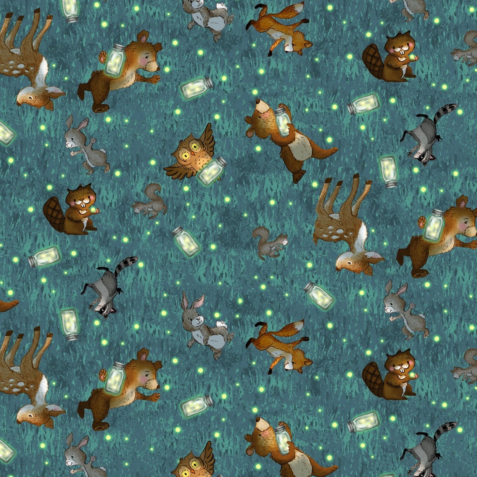 A repeating pattern of woodland animals including squirrels, foxes, a owl, raccoons, and a rabbit carrying glowing lanterns, set against a teal grassy background with scattered green firefly dots.