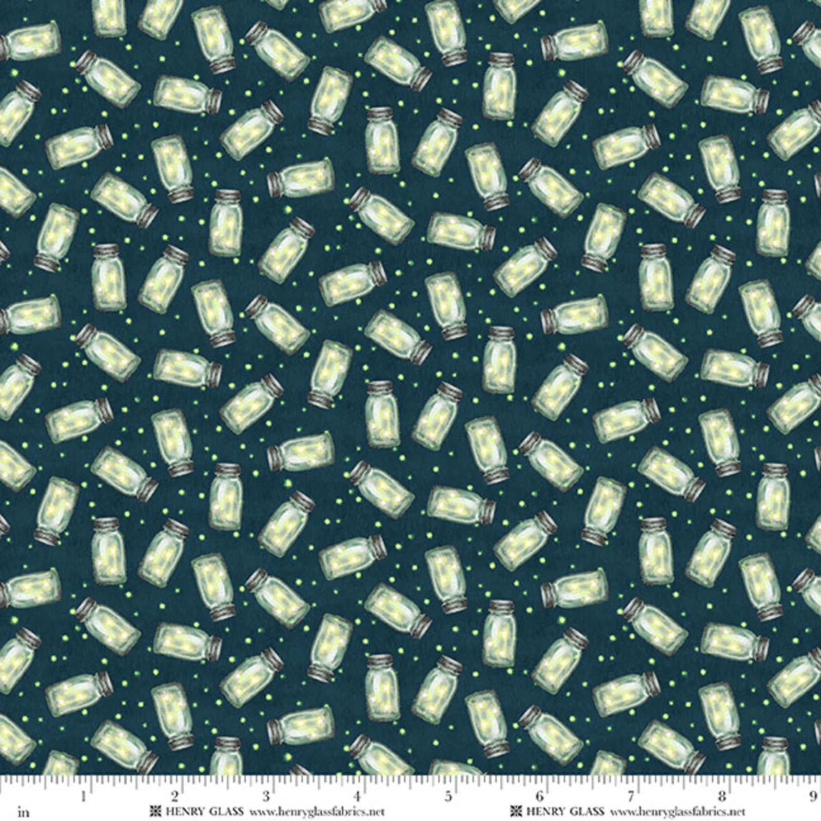 A repeating fabric pattern featuring many mason jar illustrations in pale yellow-green and gray on a dark teal background, with small green dots scattered throughout. A measurement ruler and the text 'HENRY GLASS' are visible along the bottom edge.