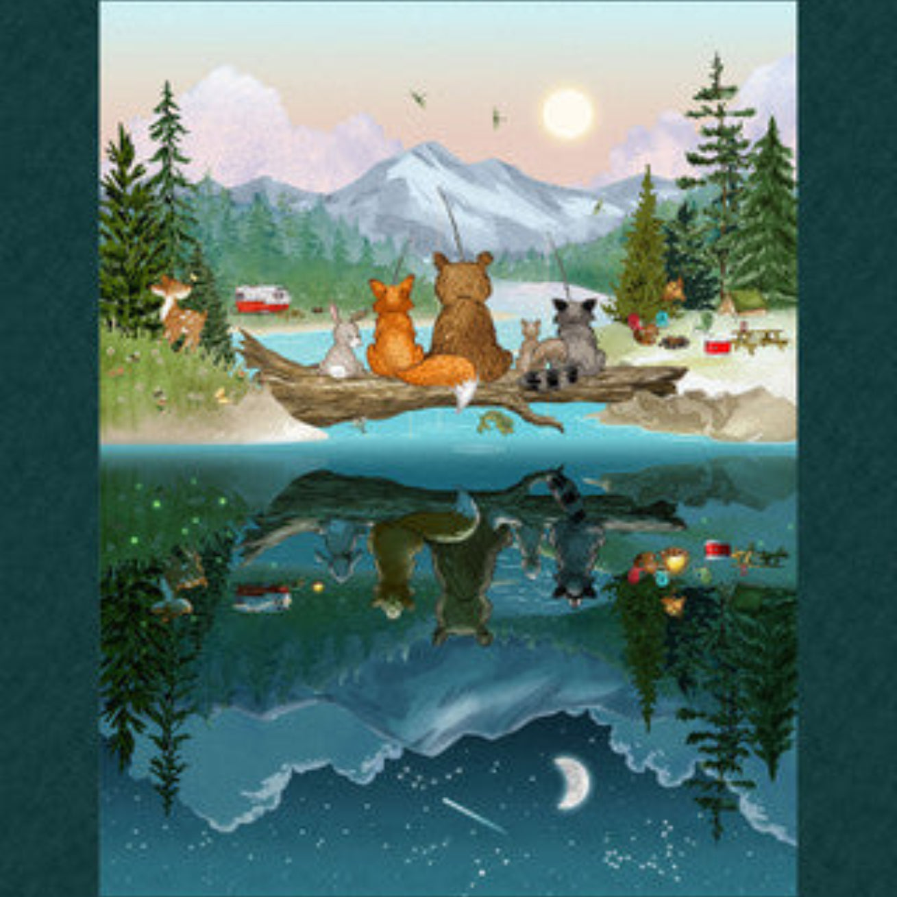 Illustration of animals on a log with a scenic background