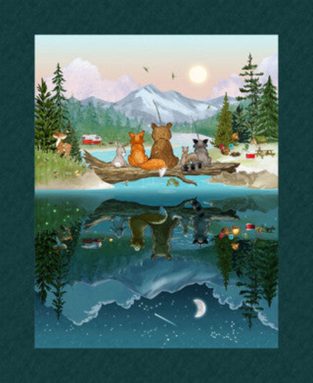 Illustration of animals on a log with a scenic background