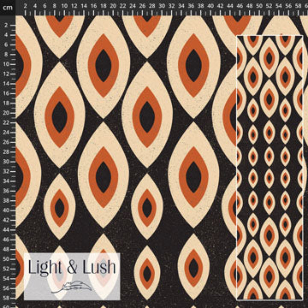 Fabric with geometric pattern and 'Light & Lush' branding on a black background