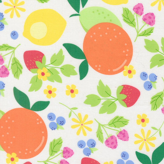 Colorful pattern of fruits and flowers on a white background