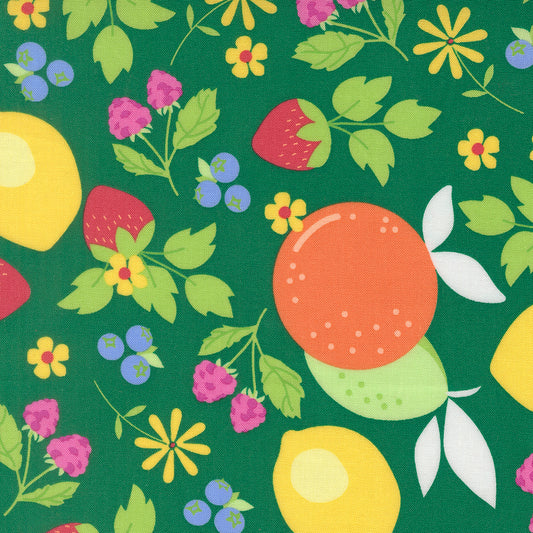 Pattern of fruits and flowers on a green background