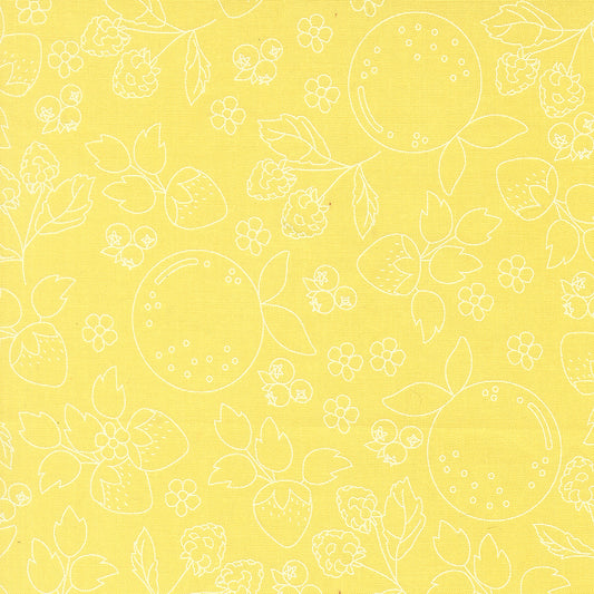White floral and fruit outlines on a yellow background