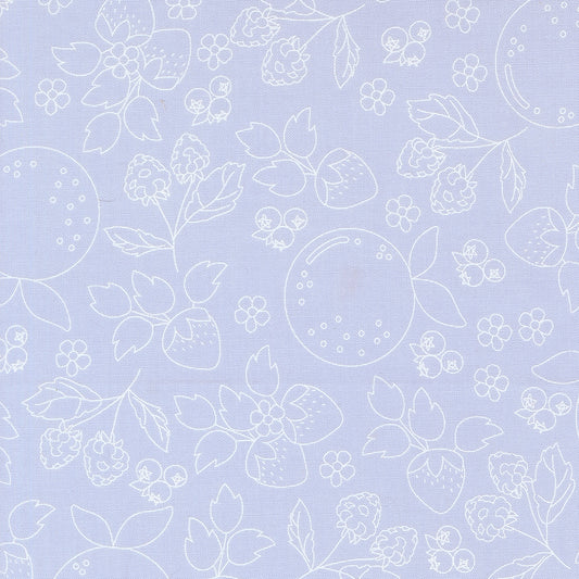 White floral and fruit outlines on a light purple background
